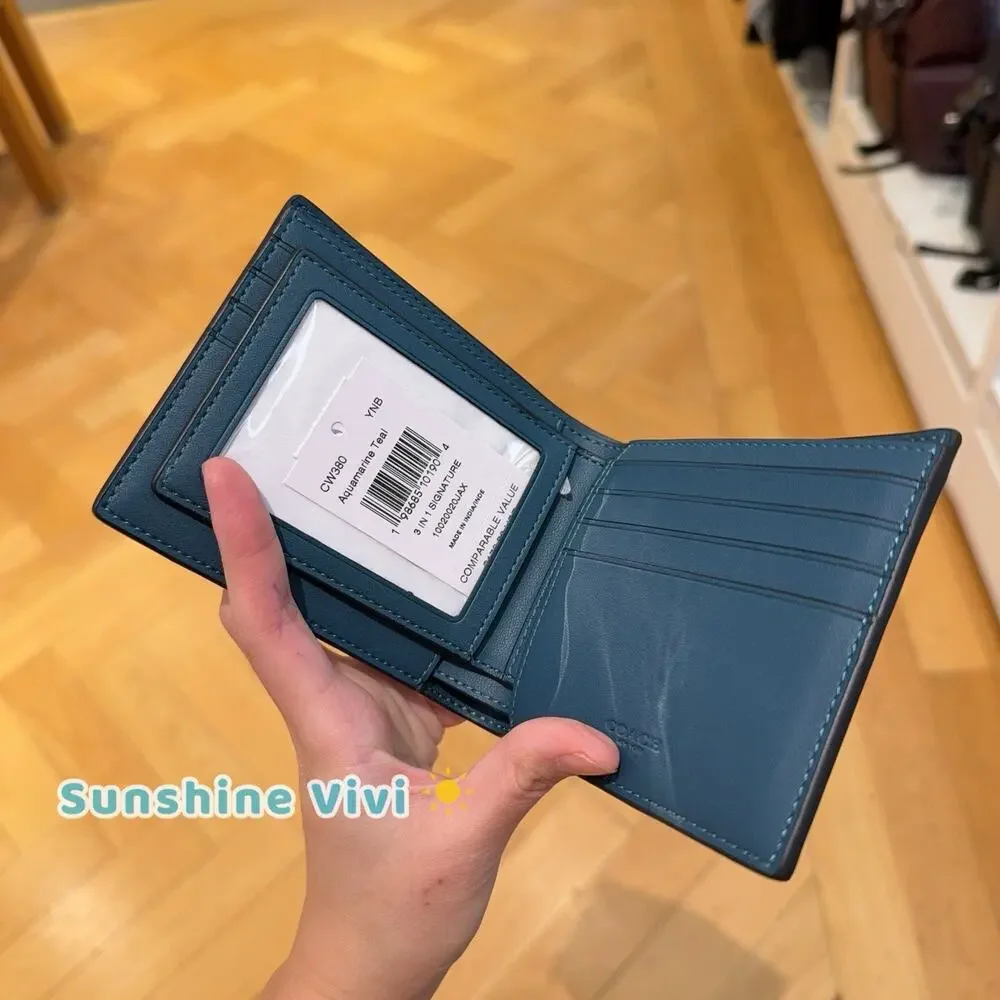 NWT Coach Men's 3-In-1 Wallet In Signature Canvas cw380 Aquamarine Teal
